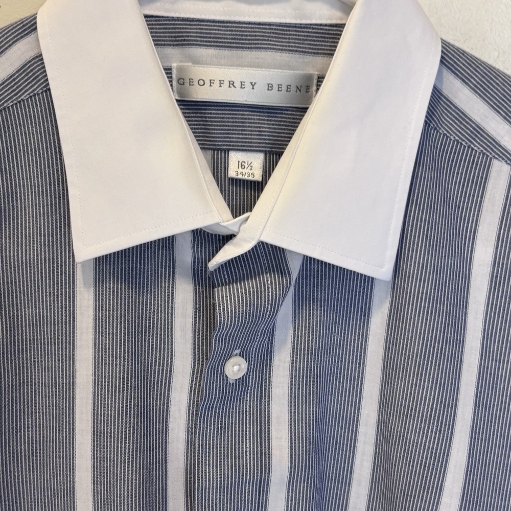 Geoffrey Beene Mens Blue 17.5 -32/33 Wrinkle‎ Free Long Sleeve Dress Shirt EUC